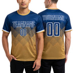 Custom Old Gold Royal-White Sublimation Soccer Uniform Jersey worn front and back