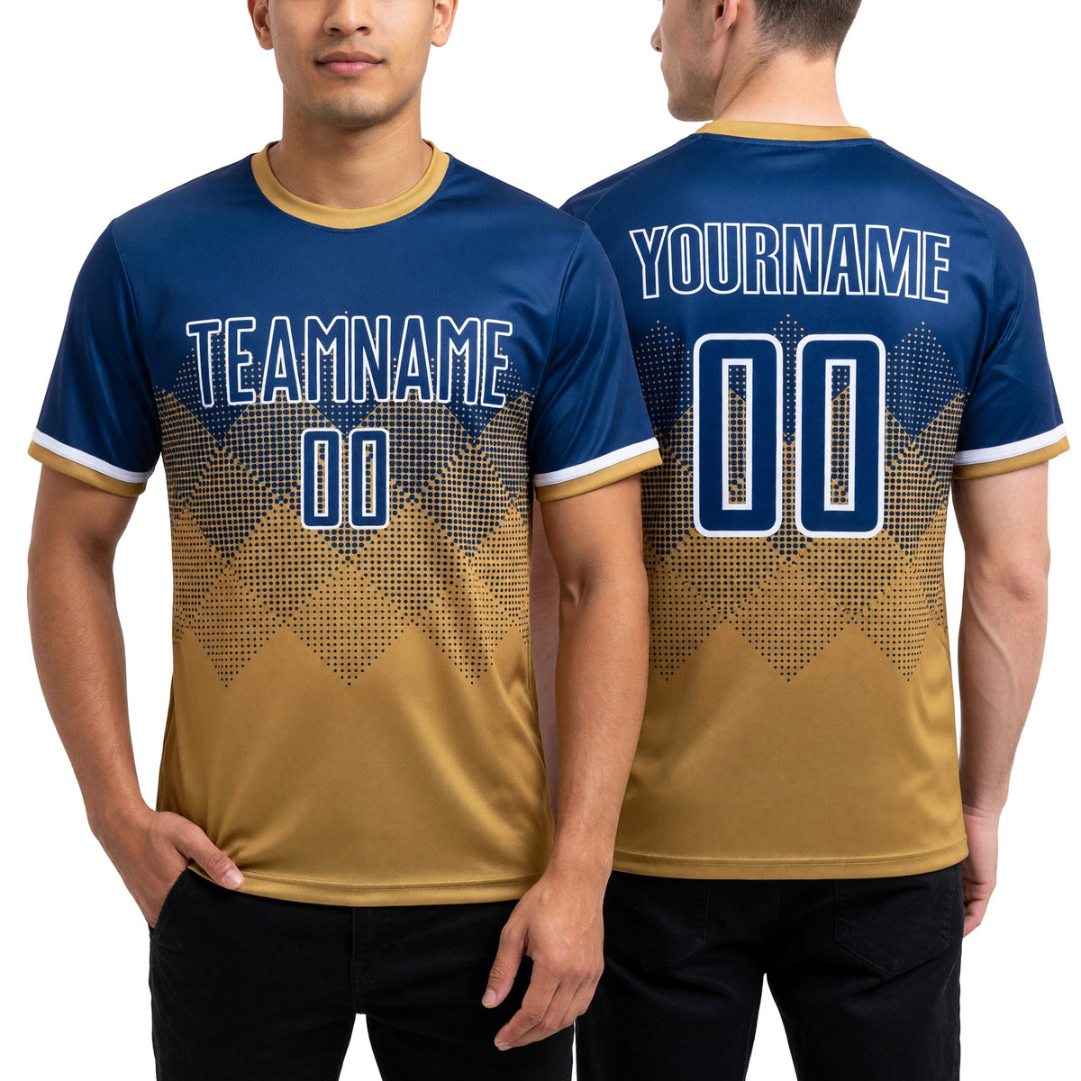 Custom Old Gold Royal-White Sublimation Soccer Uniform Jersey worn front and back