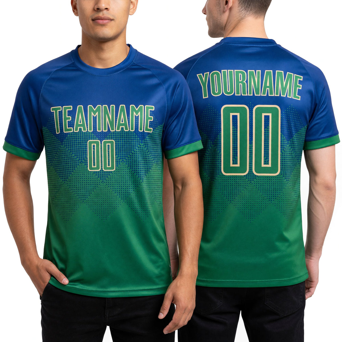 Custom Royal Keely Green-Cream Sublimation Soccer Uniform Jersey worn front and back