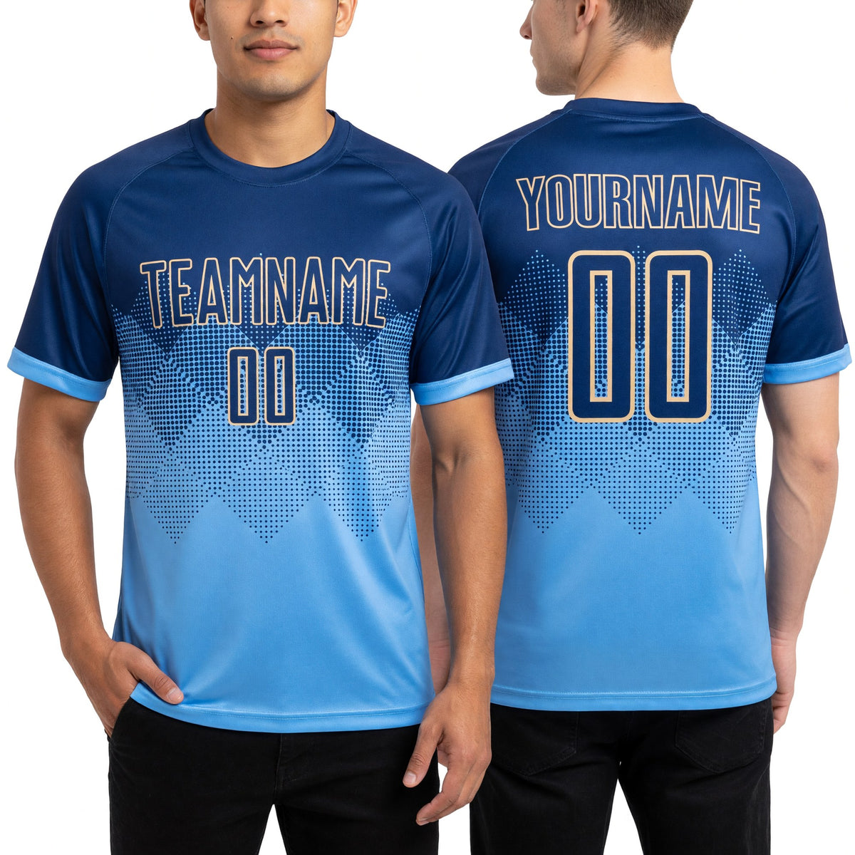 Custom Light Blue Royal-Cream Sublimation Soccer Uniform Jersey worn front and back