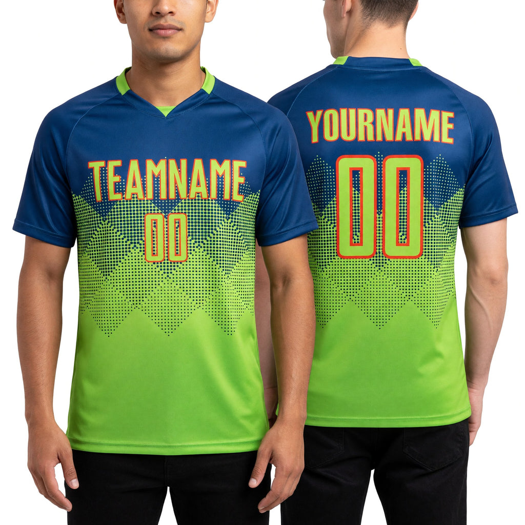 Custom Royal Neon Green-Orange Sublimation Soccer Uniform Jersey worn front and back