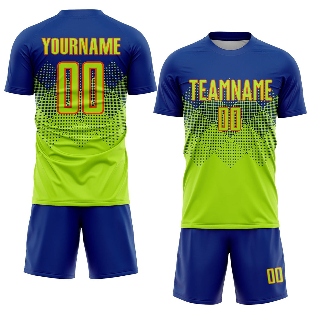 Custom Royal Neon Green-Orange Sublimation Soccer Uniform Jersey photo 2