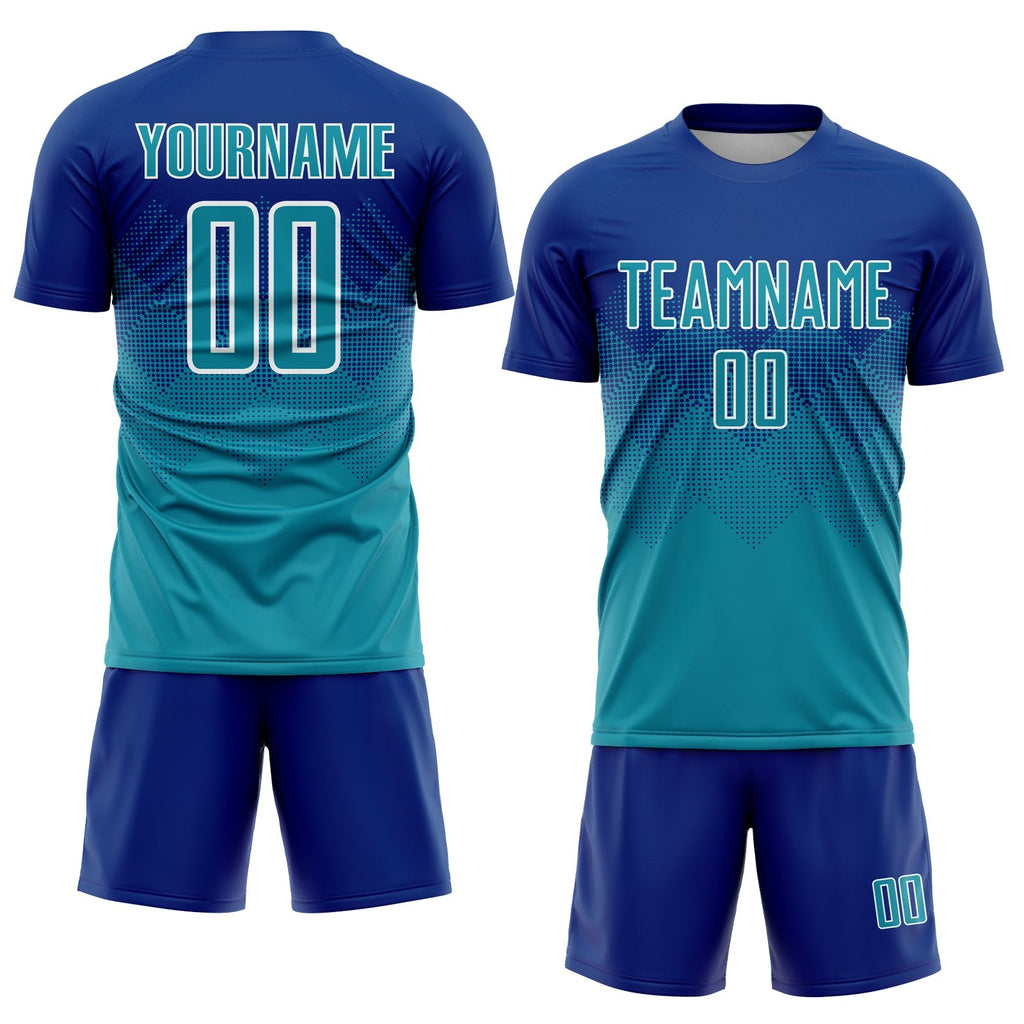 Custom Royal Teal-White Sublimation Soccer Uniform Jersey photo 2