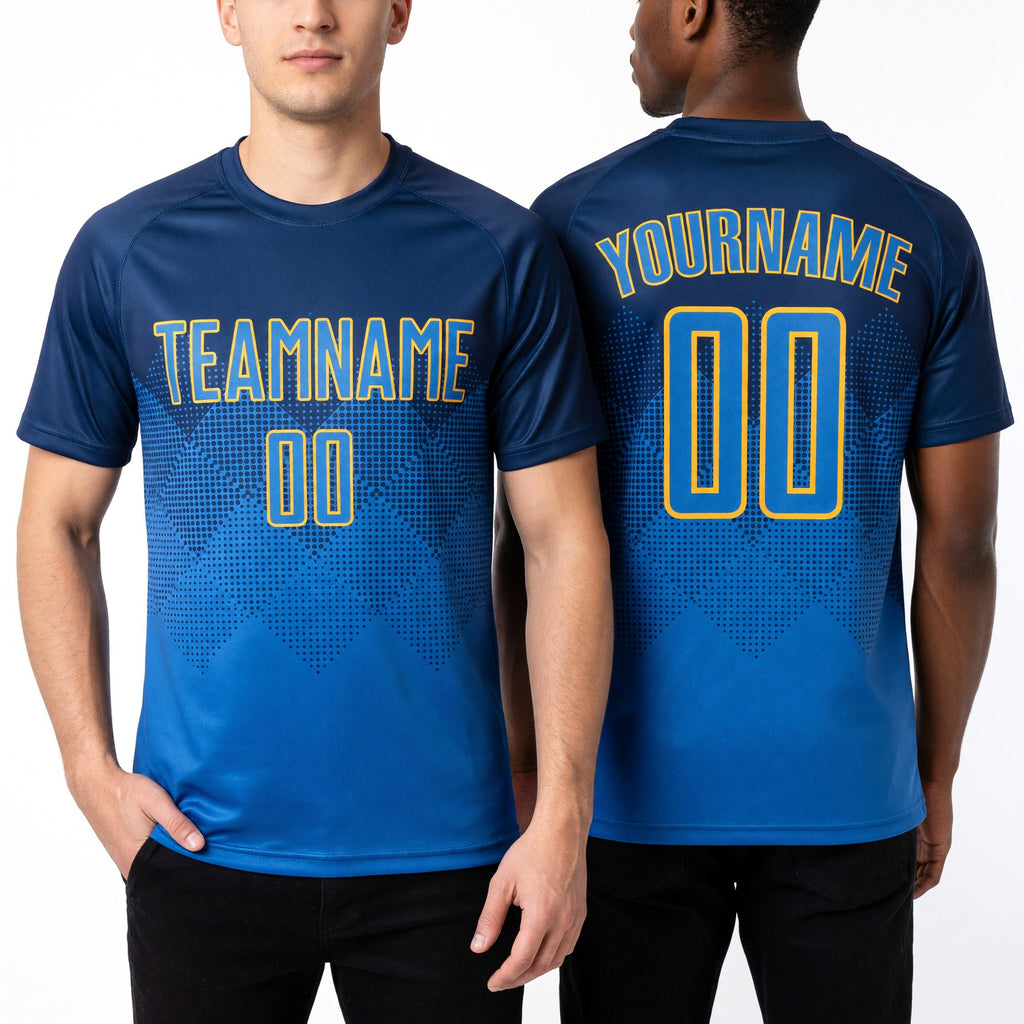 Custom Royal Powder Blue-Gold Sublimation Soccer Uniform Jersey worn front and back