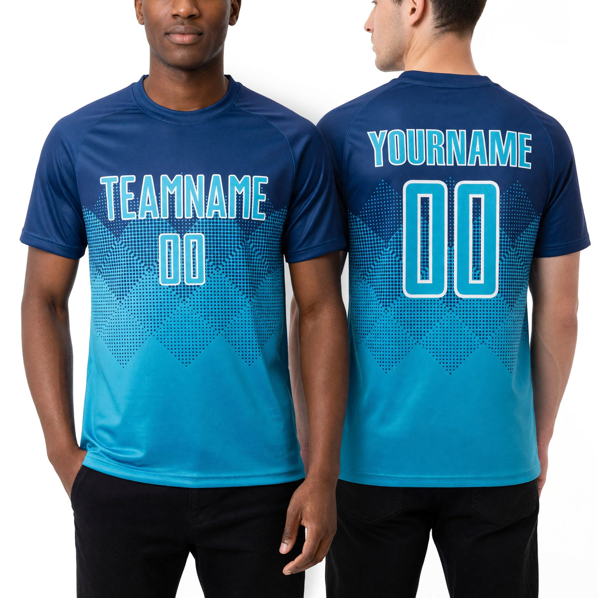 Custom Royal Lakes Blue-White Sublimation Soccer Uniform Jersey worn front and back