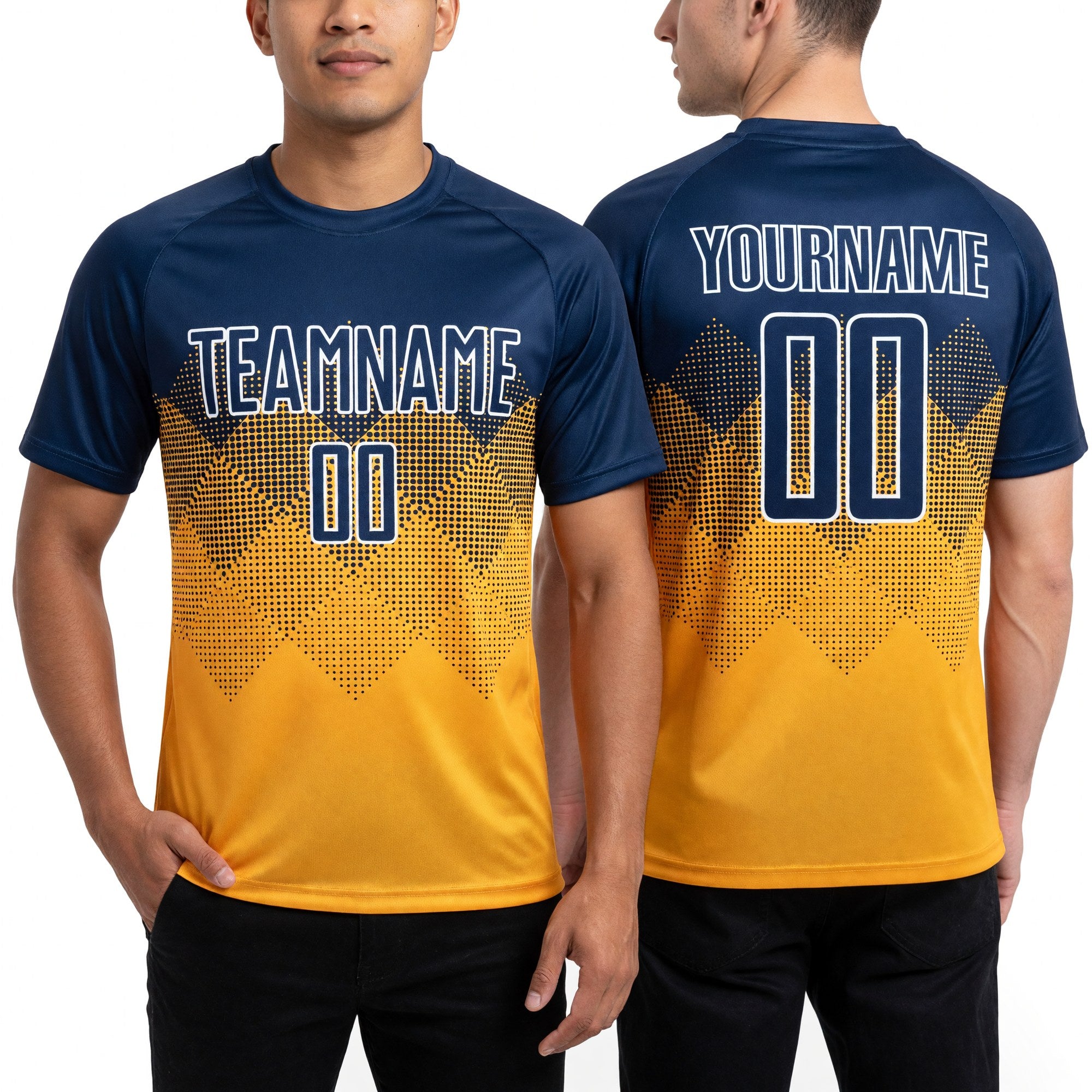 Custom Gold Navy-White Sublimation Soccer Uniform Jersey worn front and back