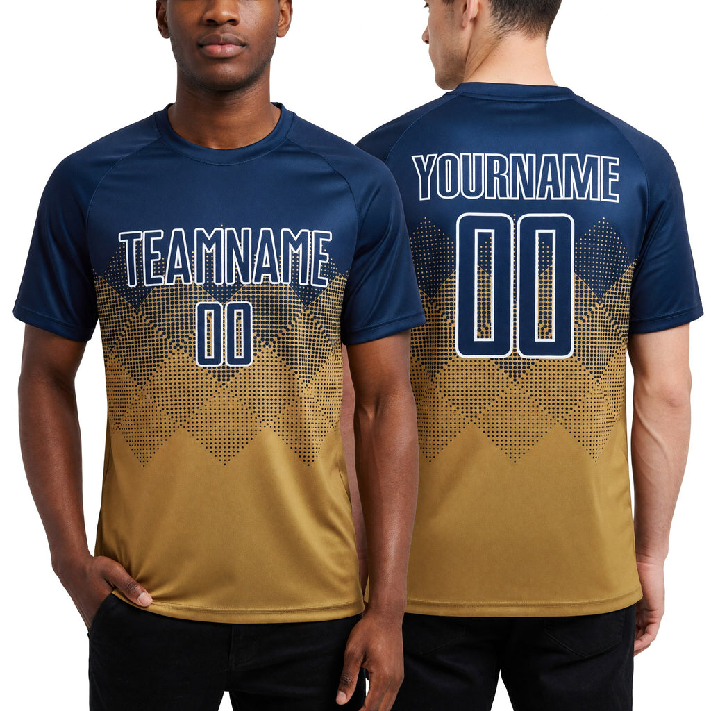 Custom Old Gold Navy-White Sublimation Soccer Uniform Jersey worn front and back