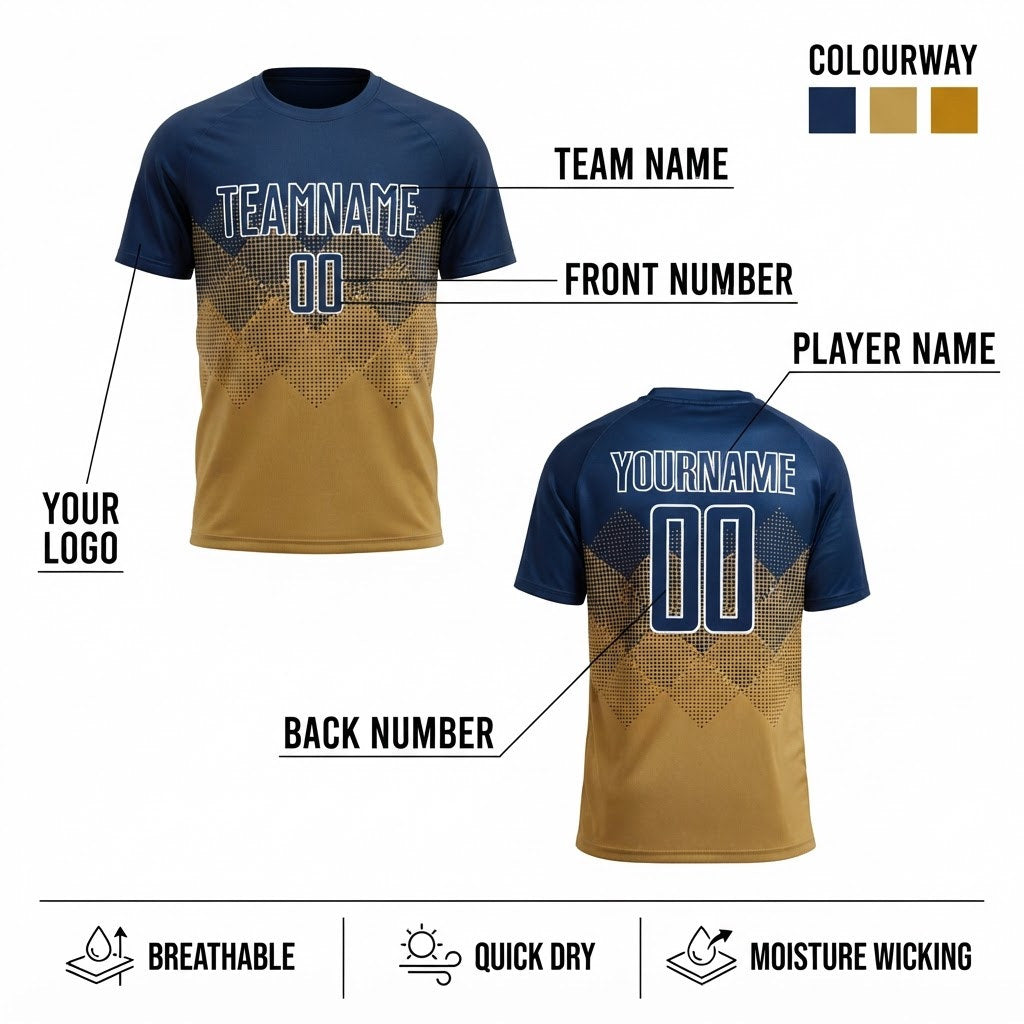 Custom Old Gold Sublimated Soccer Jersey with Navy and White Lettering customization guide