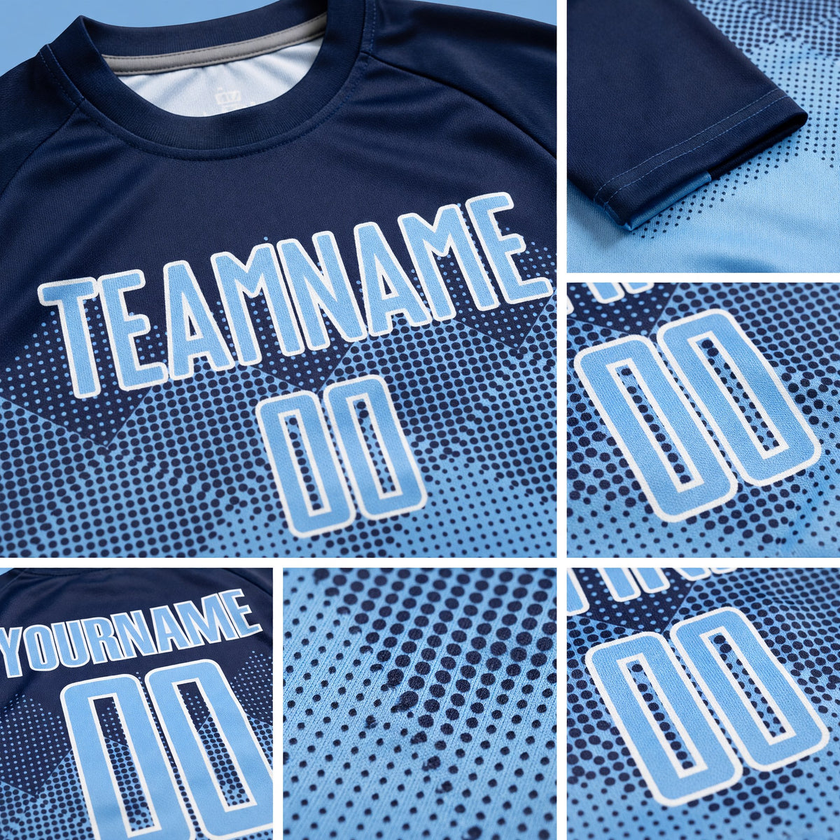 Custom Navy Light Blue-White Sublimation Soccer Uniform Jersey detail