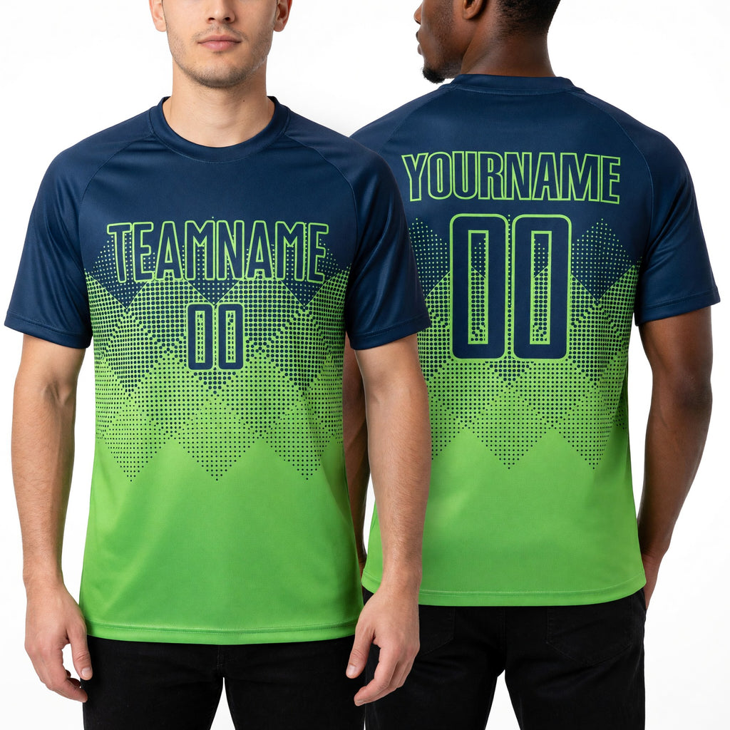 Custom Neon Green Navy Sublimation Soccer Uniform Jersey worn front and back