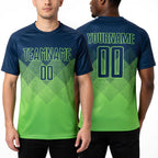 Custom Neon Green Navy Sublimation Soccer Uniform Jersey worn front and back