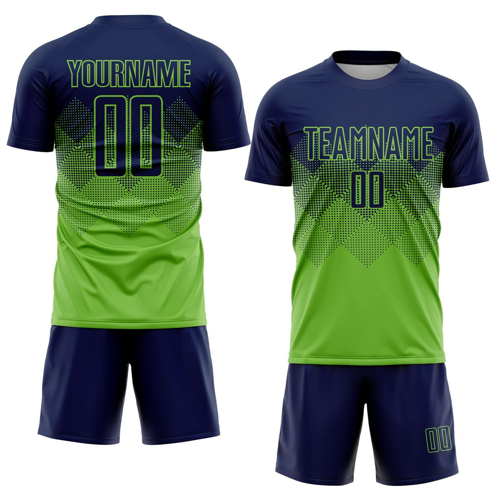 Custom Neon Green Navy Sublimation Soccer Uniform Jersey photo 2