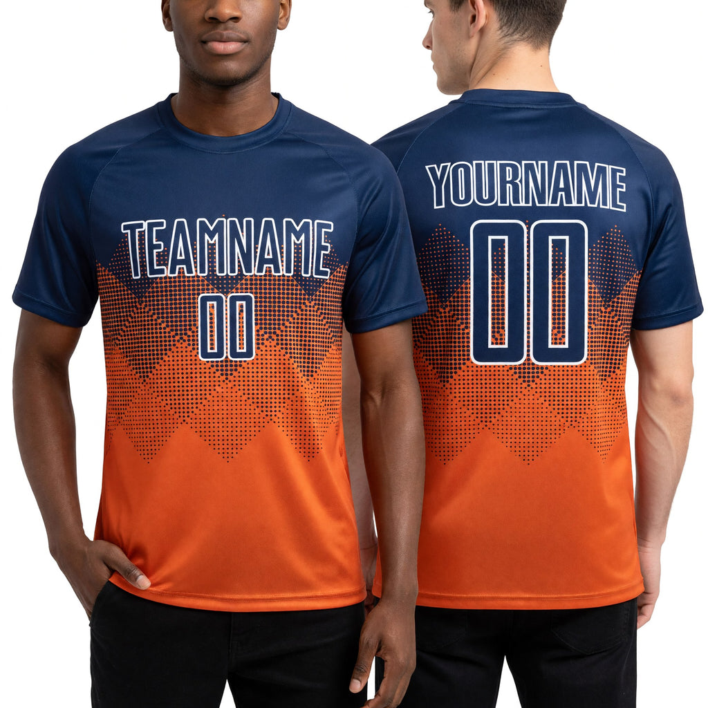 Custom Texas Orange Navy-White Sublimation Soccer Uniform Jersey worn front and back