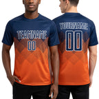 Custom Texas Orange Navy-White Sublimation Soccer Uniform Jersey worn front and back