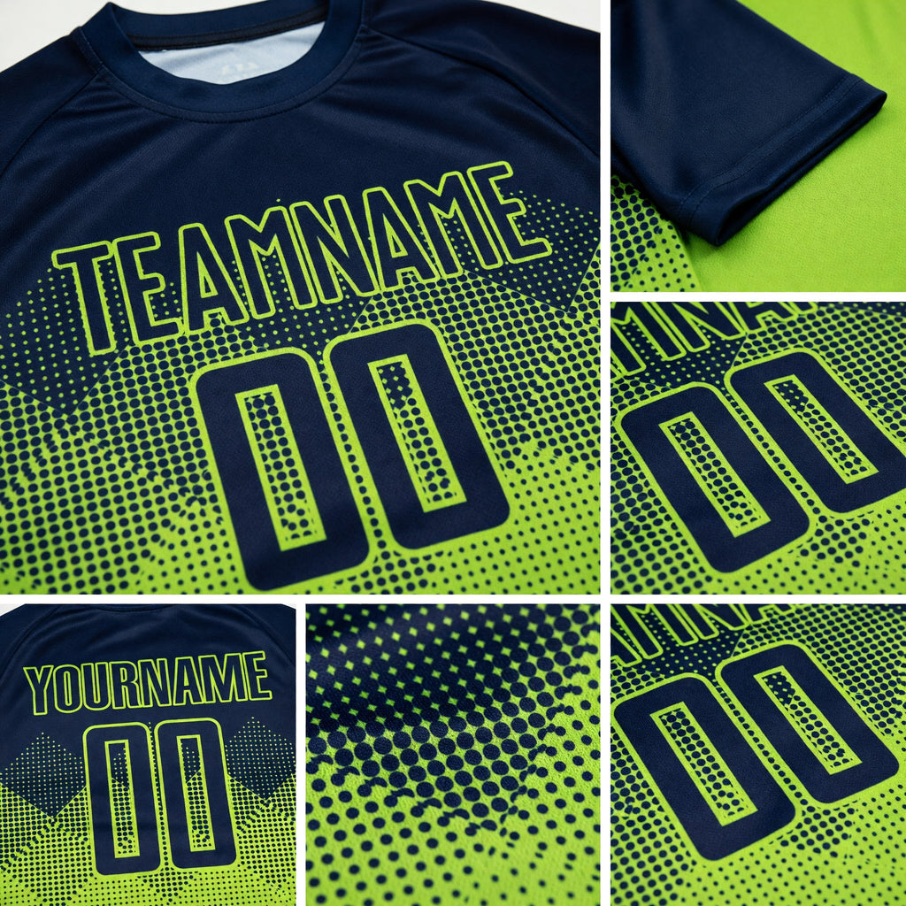 Custom Neon Green Navy Sublimation Soccer Uniform Jersey detail