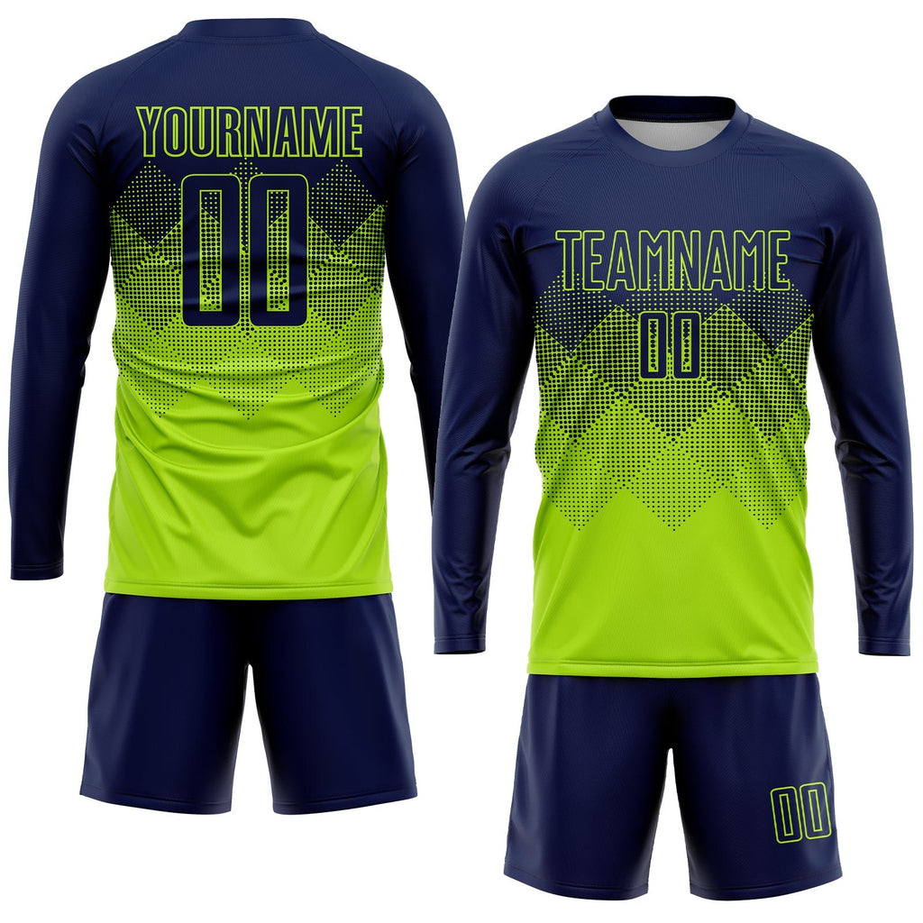 Custom Neon Green Navy Sublimation Soccer Uniform Jersey photo 4
