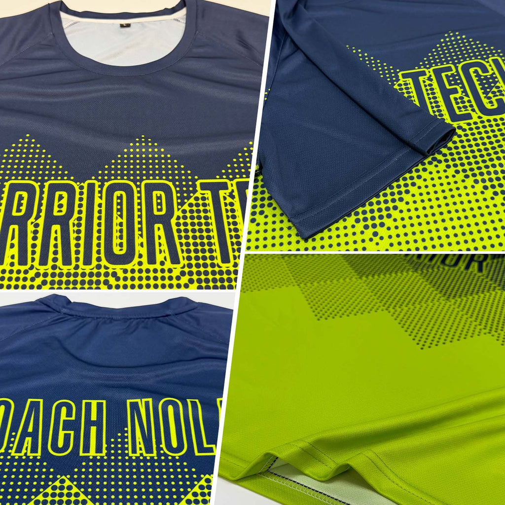 Custom Neon Green Navy Sublimation Soccer Uniform Jersey photo 5