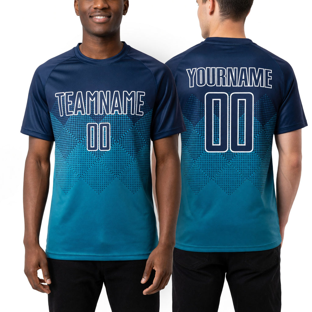 Custom Teal Navy-White Sublimation Soccer Uniform Jersey worn front and back