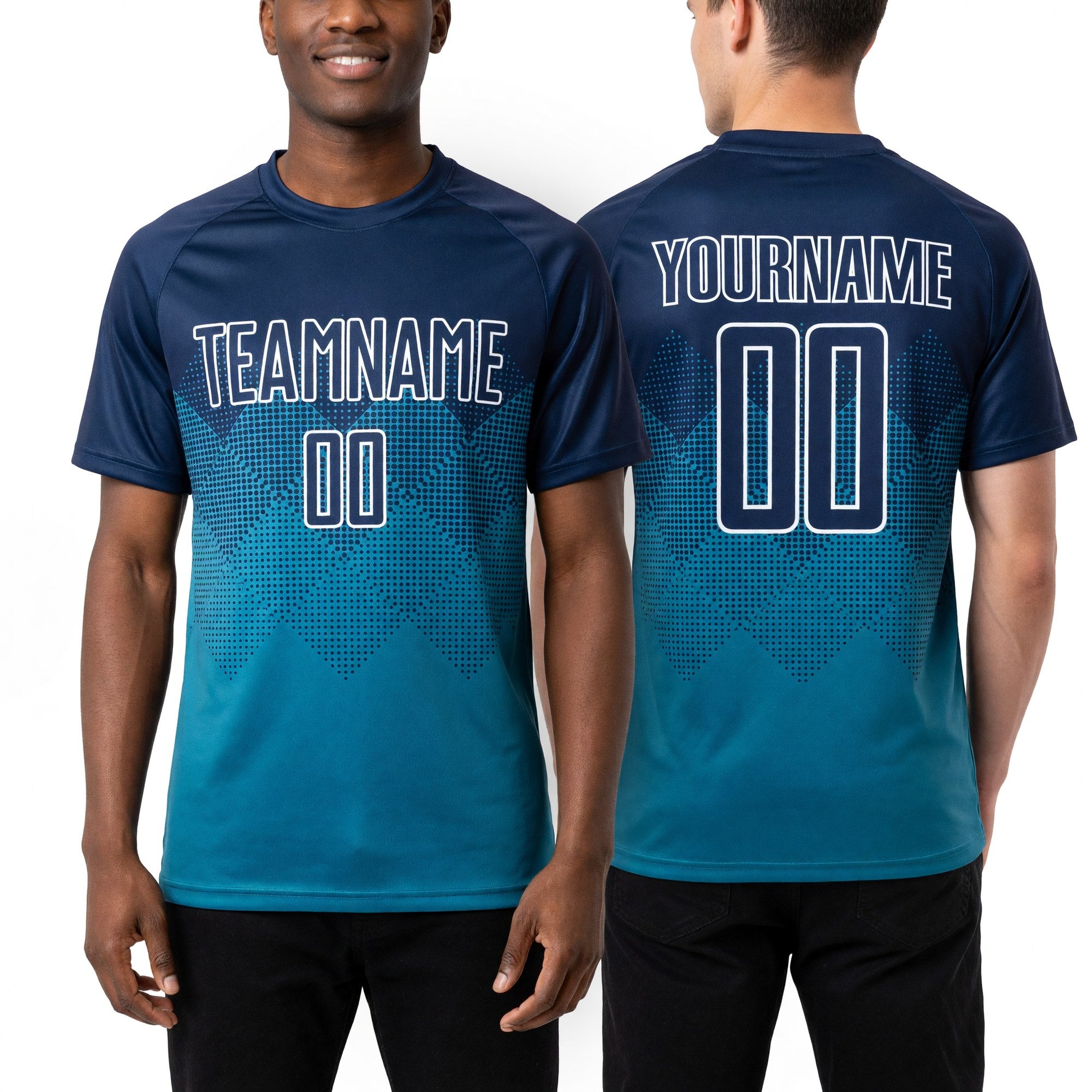 Custom Teal Navy-White Sublimation Soccer Uniform Jersey worn front and back