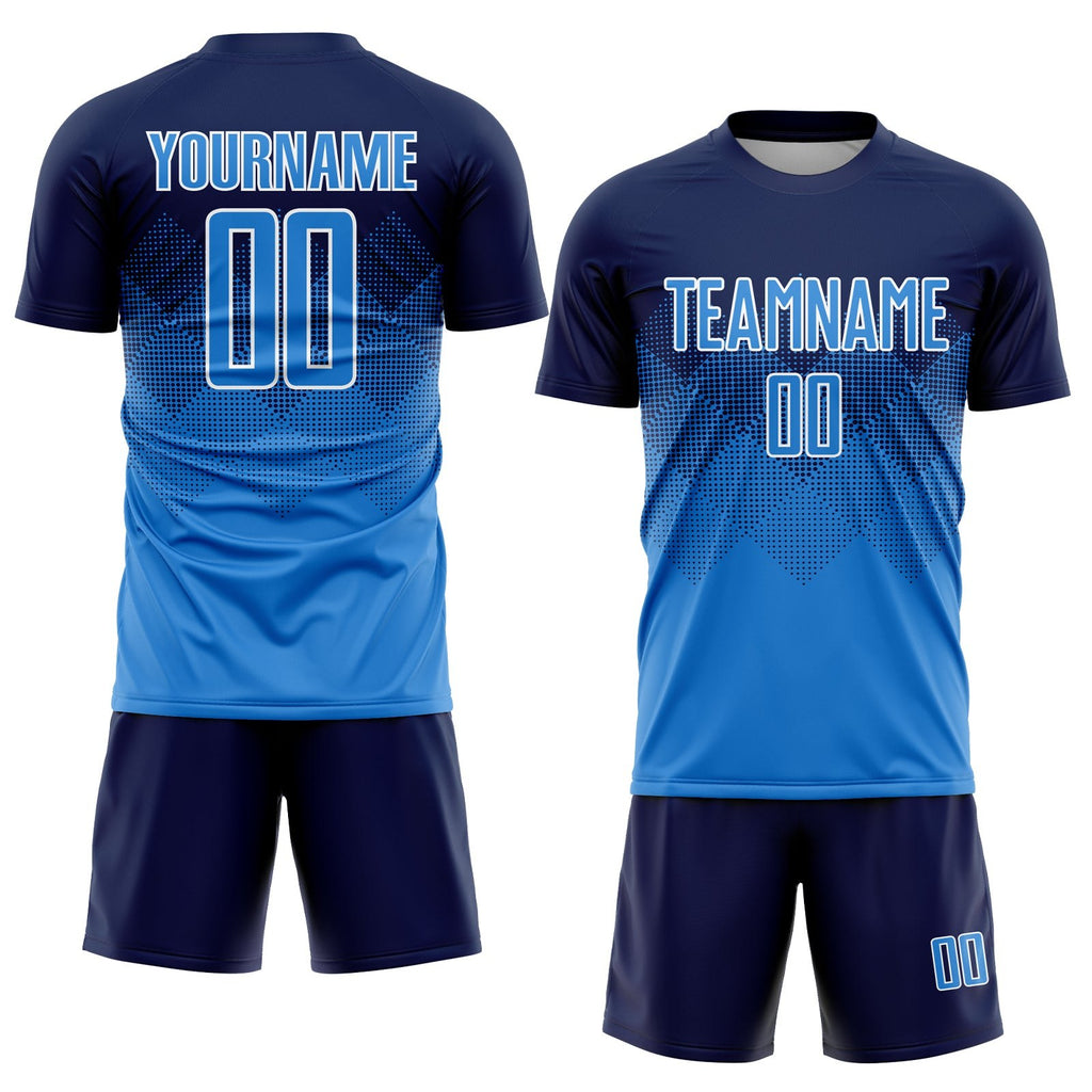 Custom Navy Powder Blue-White Sublimation Soccer Uniform Jersey photo 2