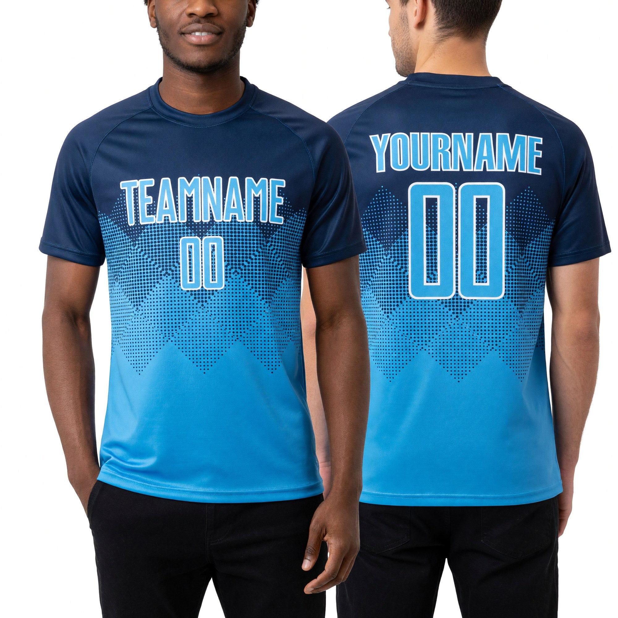 Custom Navy Sky Blue-White Sublimation Soccer Uniform Jersey worn front and back