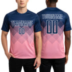 Custom Medium Pink Navy-White Sublimation Soccer Uniform Jersey worn front and back
