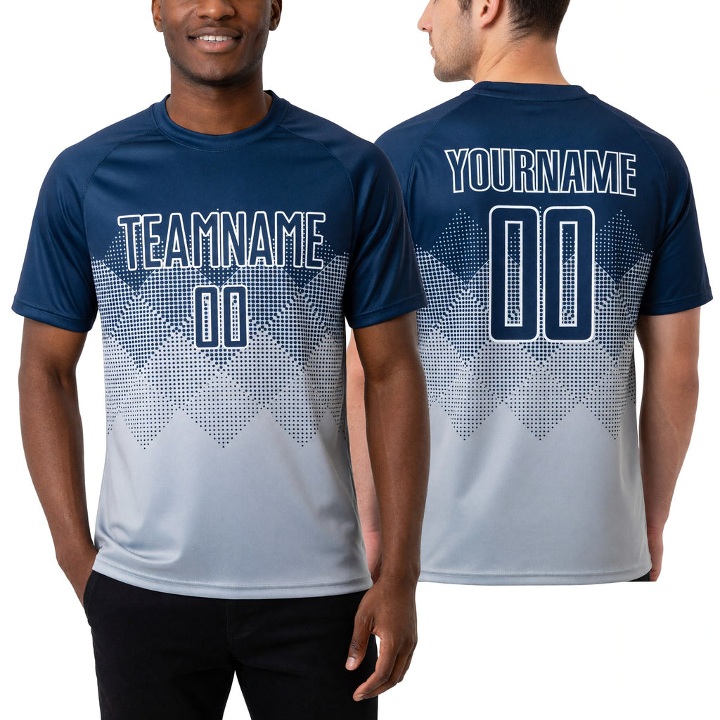 Custom Silver Navy-White Sublimation Soccer Uniform Jersey worn front and back