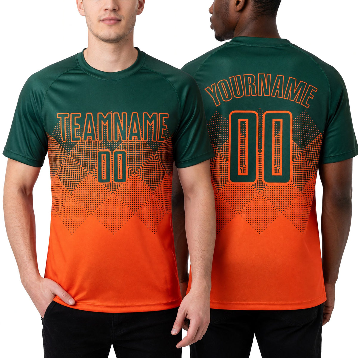 Custom Orange Green Sublimation Soccer Uniform Jersey worn front and back