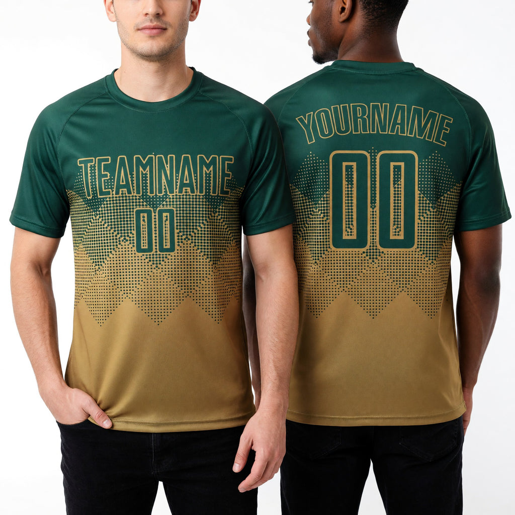 Custom Old Gold Green Sublimation Soccer Uniform Jersey worn front and back