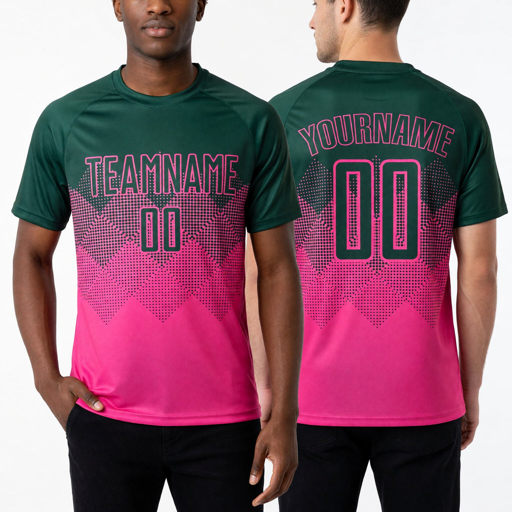 Custom Pink Green Sublimation Soccer Uniform Jersey worn front and back
