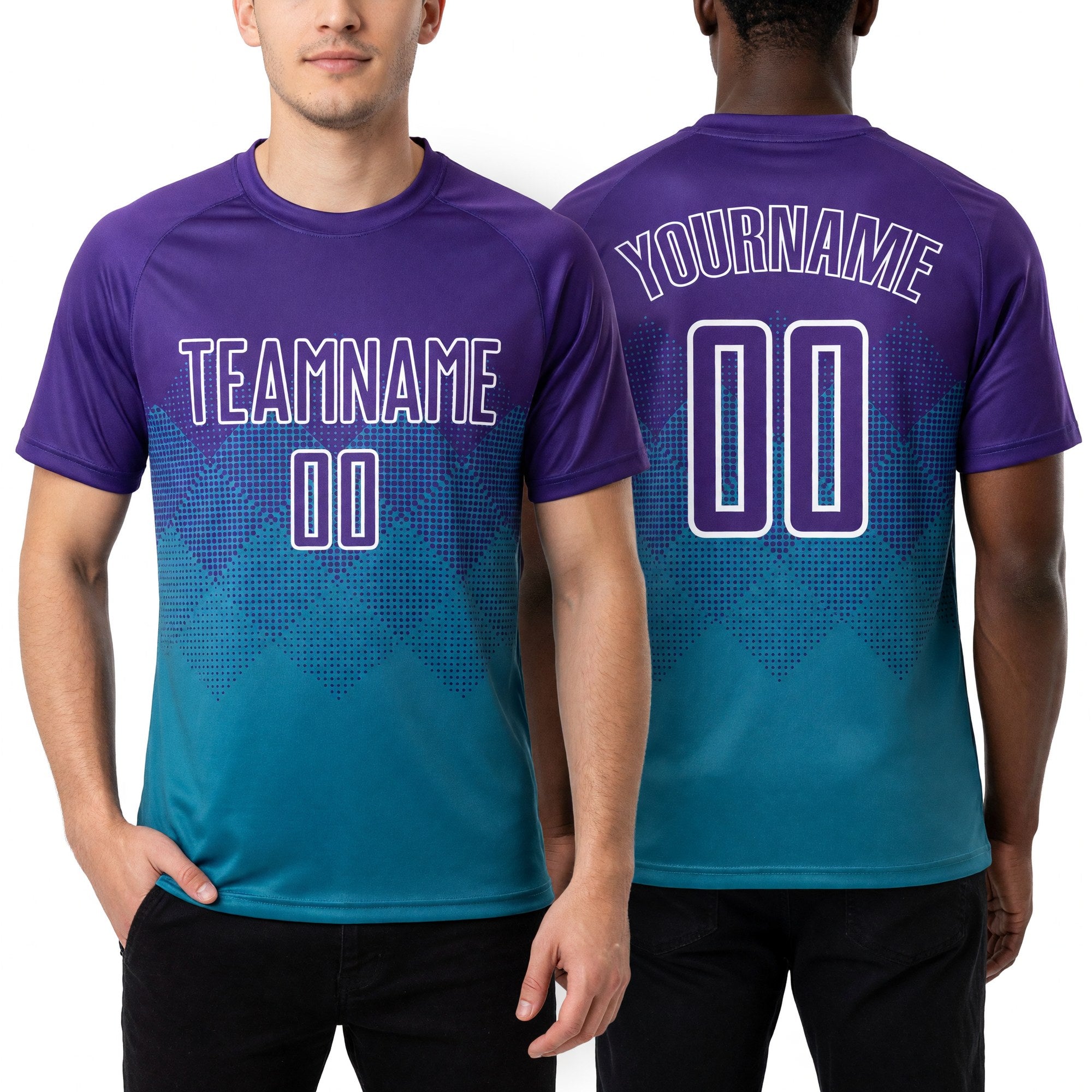 Custom Teal Purple-White Sublimation Soccer Uniform Jersey worn front and back