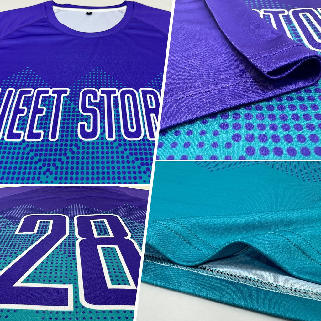 Custom Teal Purple-White Sublimation Soccer Uniform Jersey photo 3