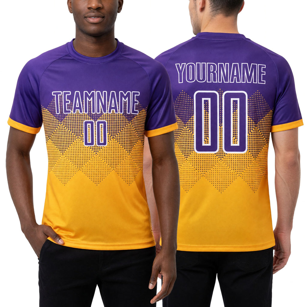 Custom Gold Purple-White Sublimation Soccer Uniform Jersey worn front and back