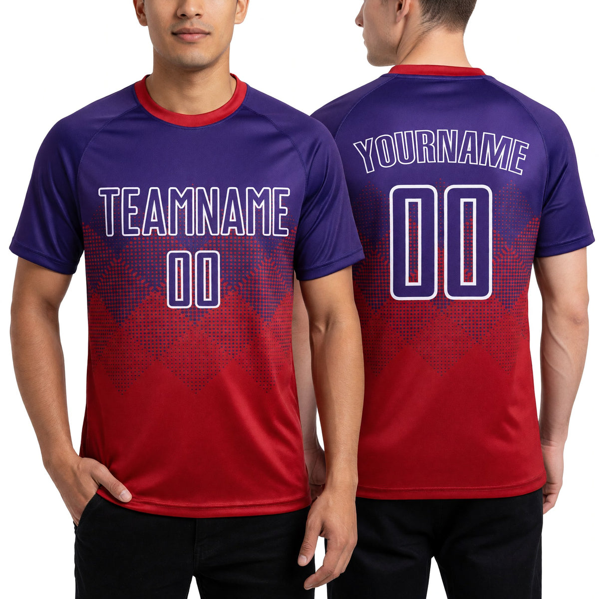 Custom Red Purple-White Sublimation Soccer Uniform Jersey worn front and back