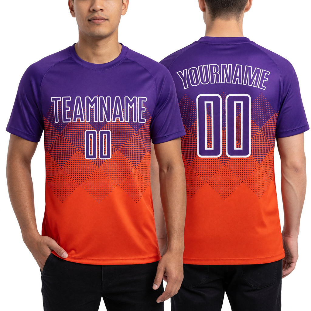 Custom Orange Purple-White Sublimation Soccer Uniform Jersey worn front and back
