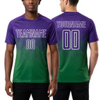 Custom Grass Green Purple-White Sublimation Soccer Uniform Jersey worn front and back