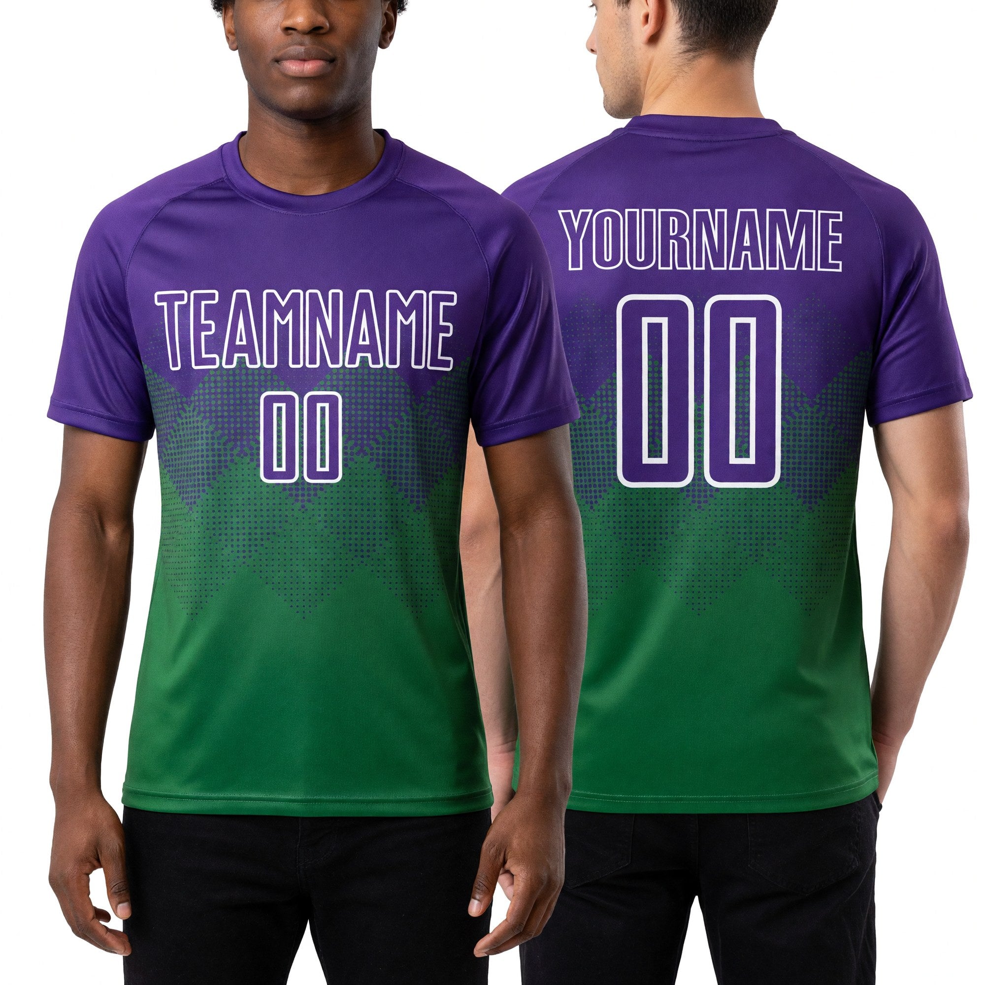 Custom Grass Green Purple-White Sublimation Soccer Uniform Jersey worn front and back