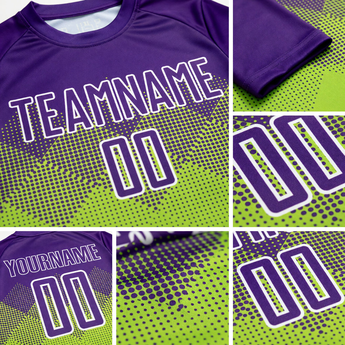 Custom Neon Green Purple-White Sublimation Soccer Uniform Jersey detail