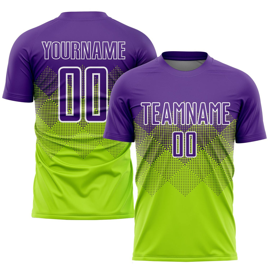 Custom Neon Green Purple-White Sublimation Soccer Uniform Jersey photo 1