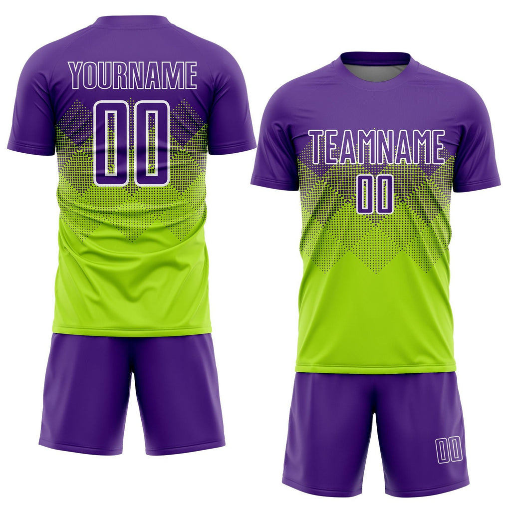 Custom Neon Green Purple-White Sublimation Soccer Uniform Jersey photo 2
