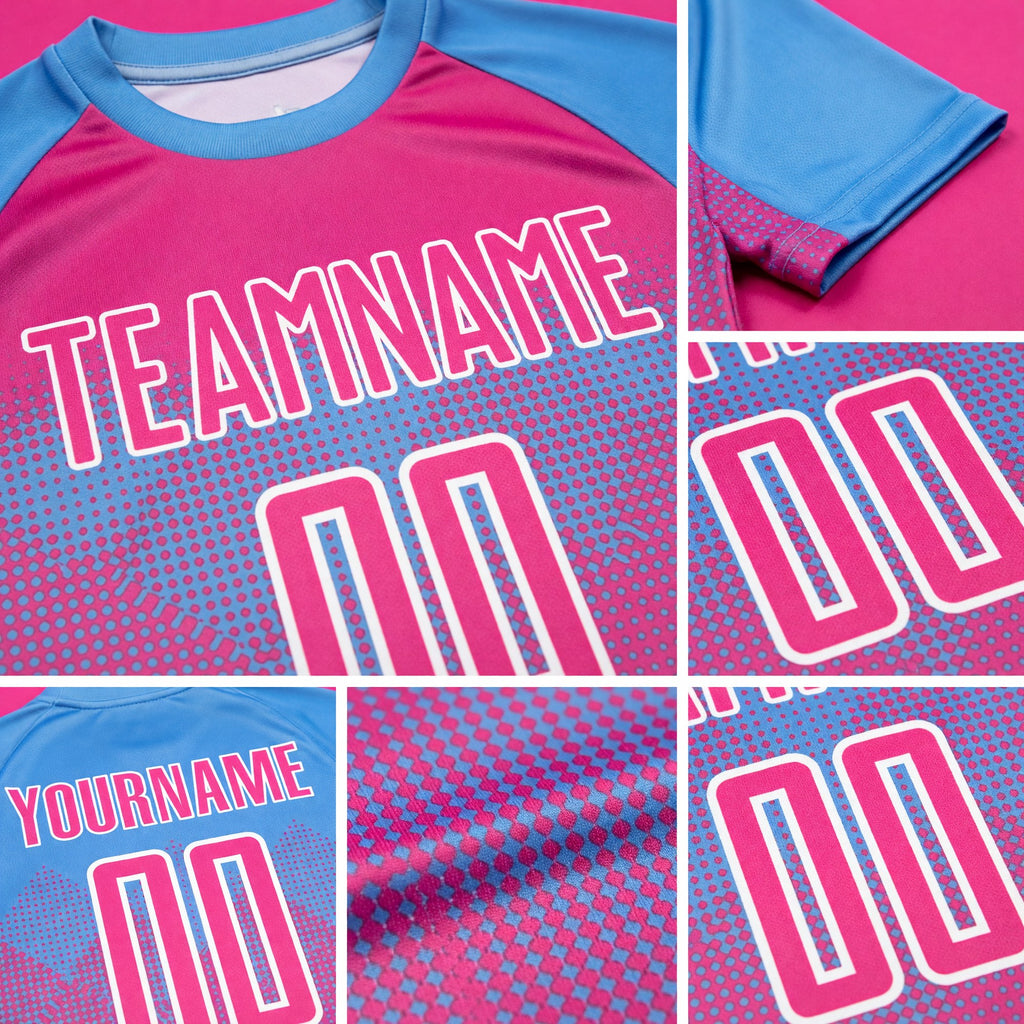 Custom Light Blue Pink-White Sublimation Soccer Uniform Jersey detail