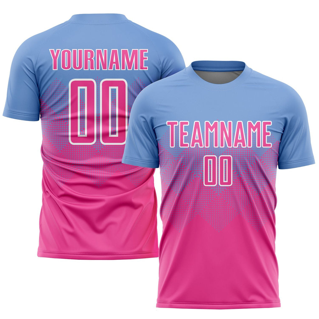 Custom Light Blue Pink-White Sublimation Soccer Uniform Jersey photo 1