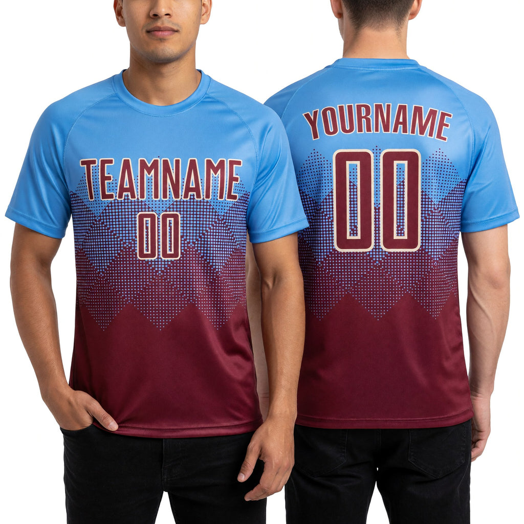 Custom Light Blue Crimson-Cream Sublimation Soccer Uniform Jersey worn front and back