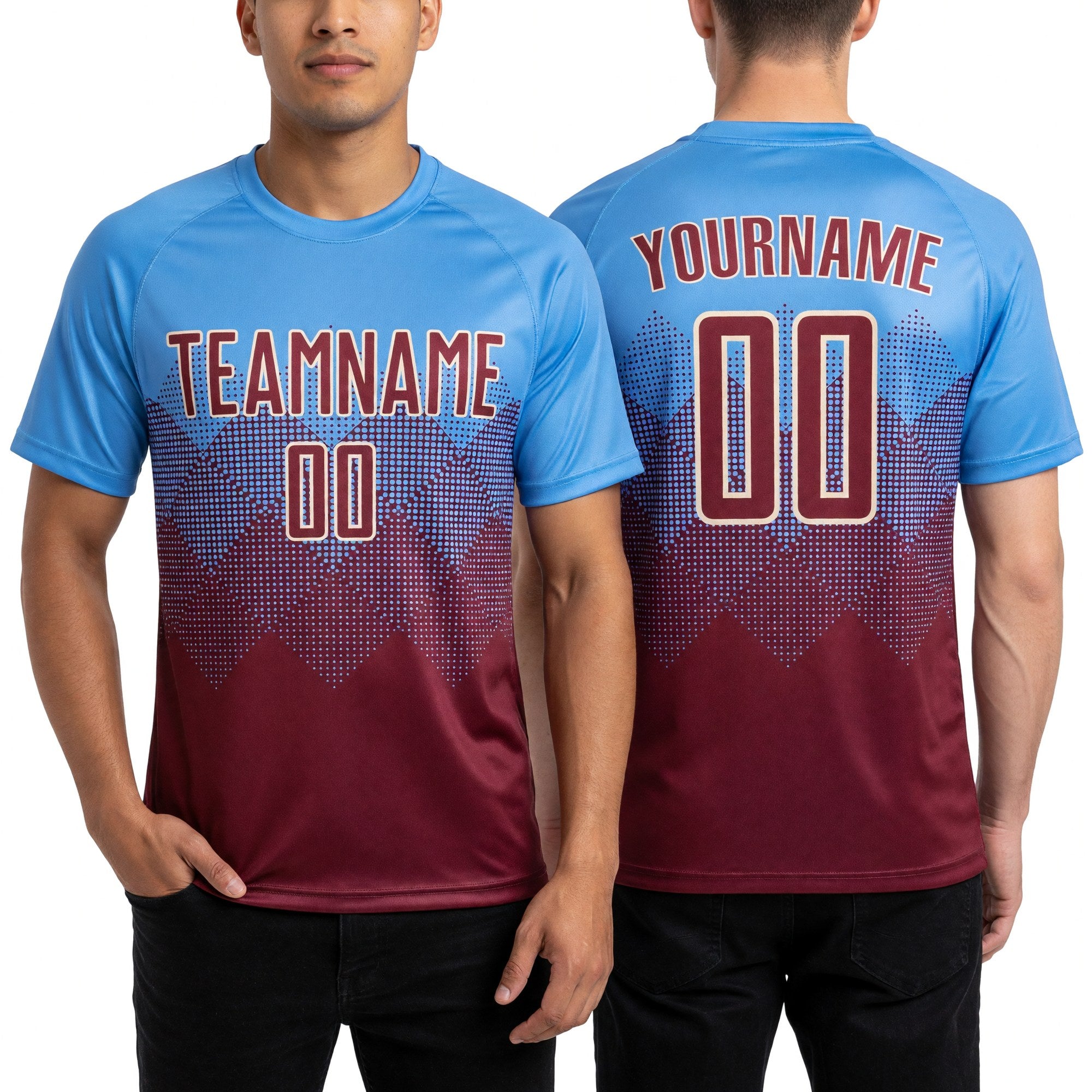 Custom Light Blue Crimson-Cream Sublimation Soccer Uniform Jersey worn front and back