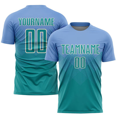 Custom Light Blue Sublimated Soccer Jersey with Teal and Cream Lettering