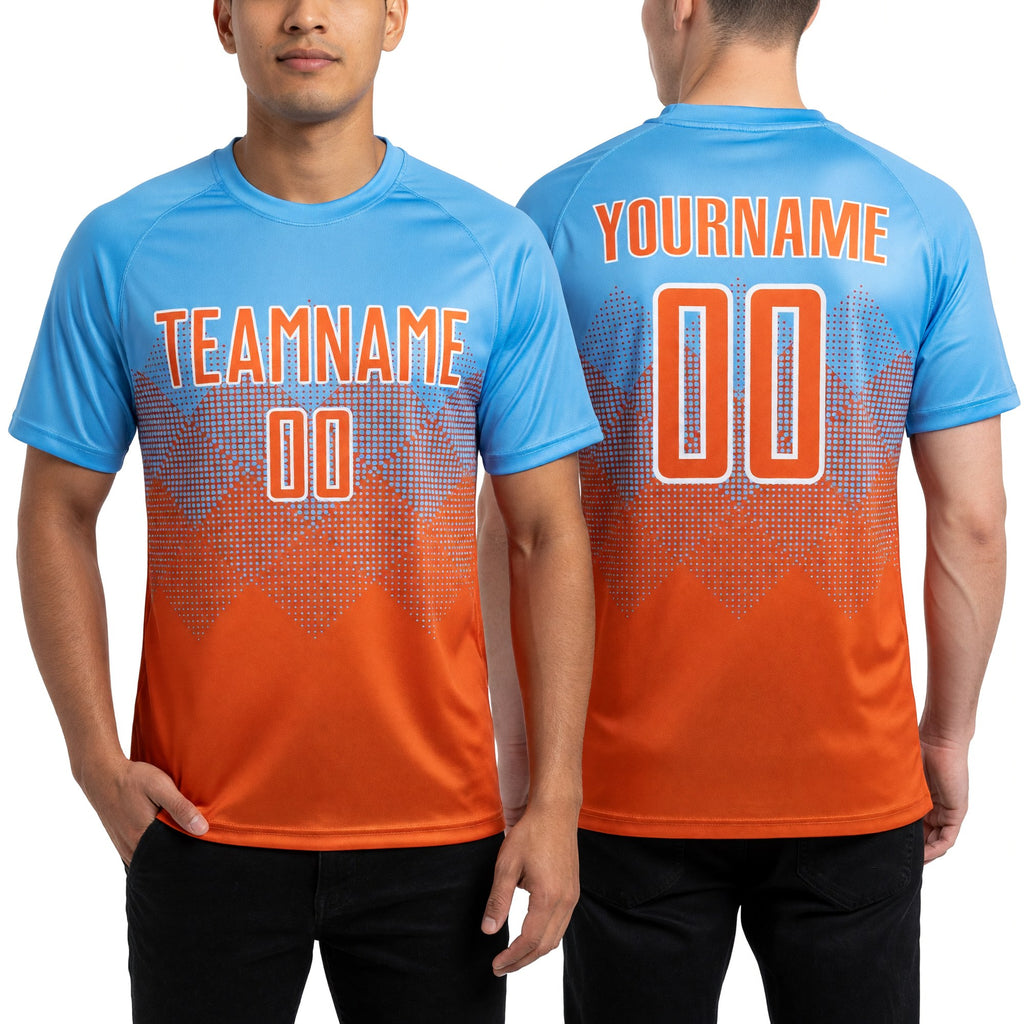 Custom Light Blue Texas Orange-Cream Sublimation Soccer Uniform Jersey worn front and back