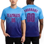 Custom Light Blue Dark Purple-Pink Sublimation Soccer Uniform Jersey worn front and back