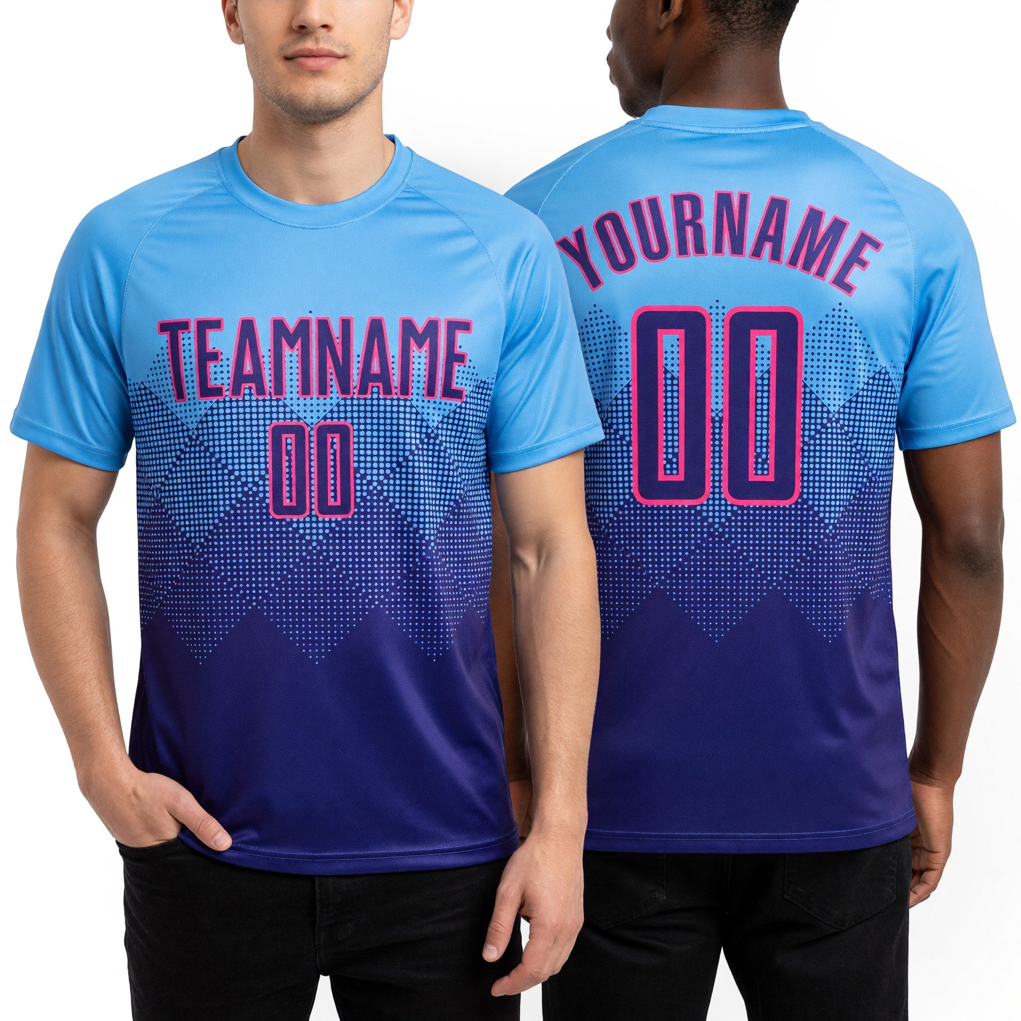 Custom Light Blue Dark Purple-Pink Sublimation Soccer Uniform Jersey worn front and back