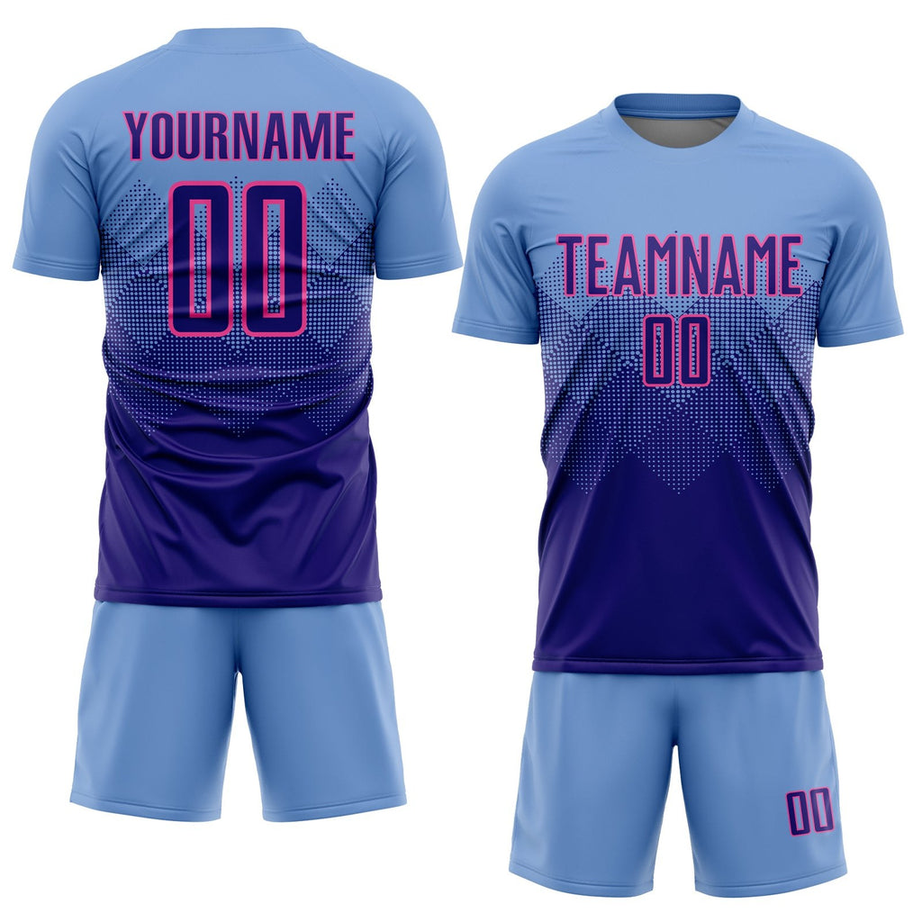 Custom Light Blue Dark Purple-Pink Sublimation Soccer Uniform Jersey photo 2