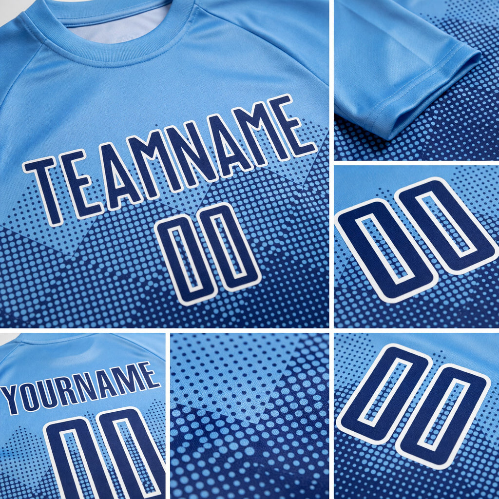 Custom Light Blue Navy-White Sublimation Soccer Uniform Jersey detail
